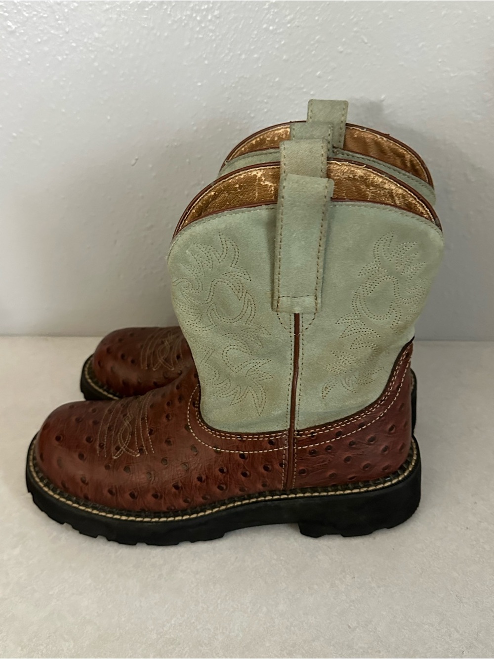 Ariat FatBaby Women's 8B Western Cowboy Boots Ostrich Print Brown/green